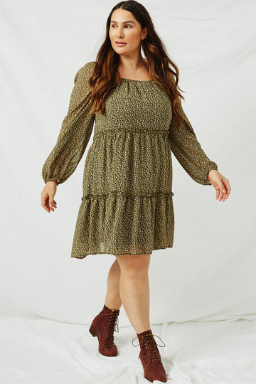 HJ3146 OLIVE Womens Tiered Ditsy Print Long Sleeve Dress Front